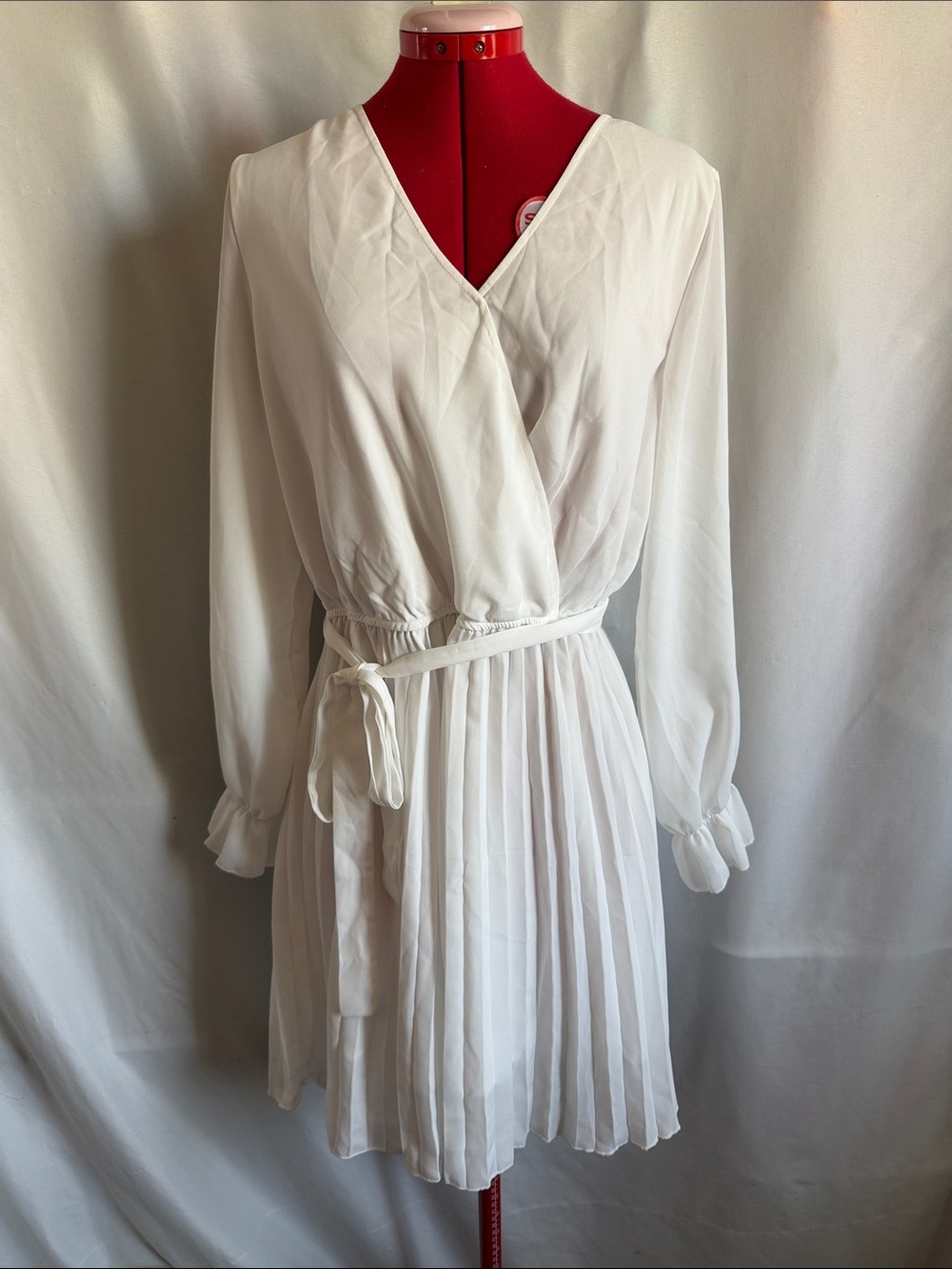 Women’s White Long-Sleeve Wrap Dress with Pleated Skirt